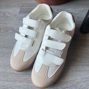 DV White and Tan Velcro Sneakers leopard print detail